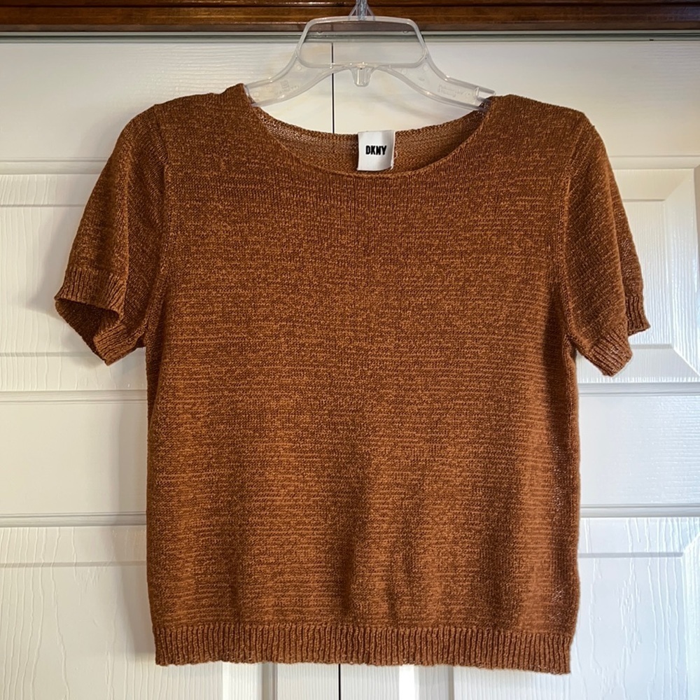 DKNY short sleeve woven scoop neck sweater women’s size S/M